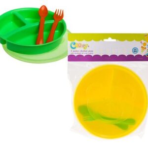Cooey feeding plate pl 3-div w/cutlery