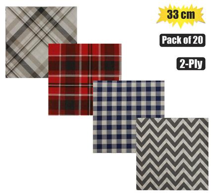 Serviettes 2ply 33cm 20pc tartan/zigzag